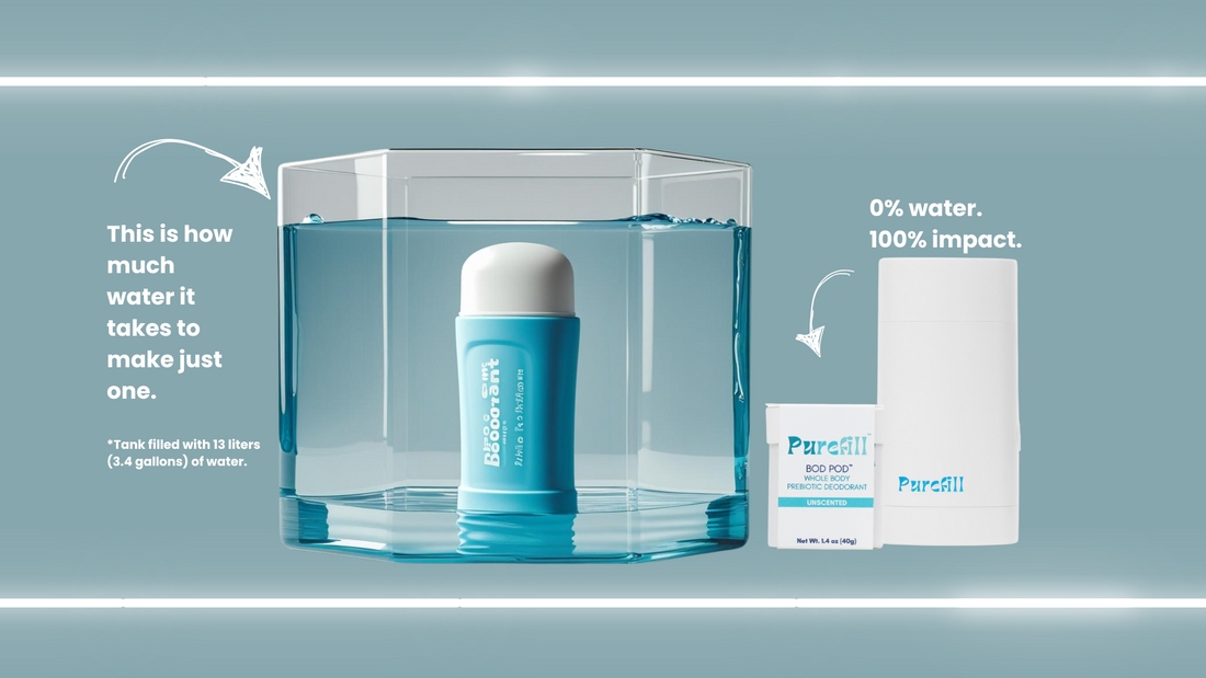 Deodorant in a vase of water to show how much deodorant is used in one deo . Next to the vase is a image of Purefill White Opal Case with Unscented Bod Pod and the words 0% water 100%impact
