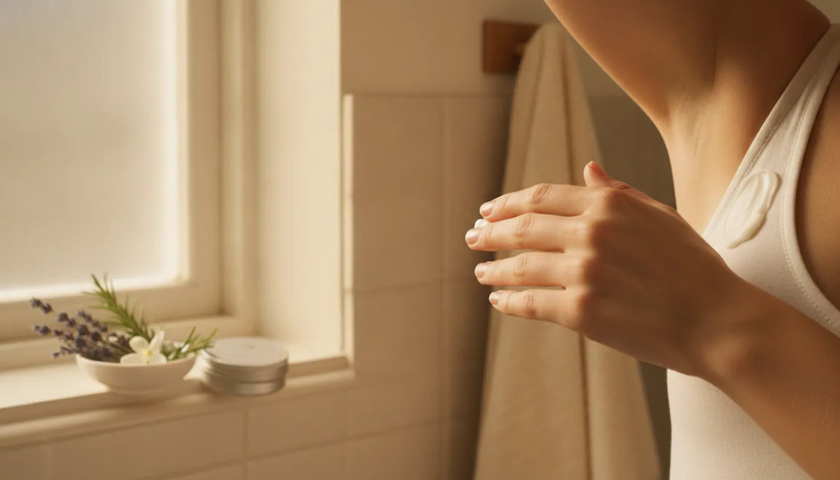 Person applying natural deodorant in warm natural light