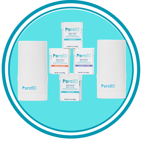 Multiple packages of Purefill white Opal Bod Pod Starter Kit doubled  on a blue circular background