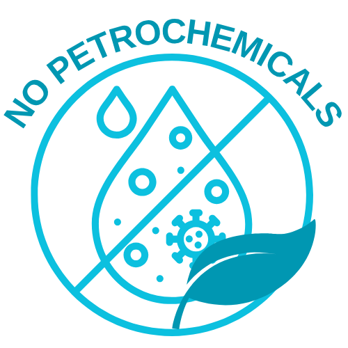 Two Drops contained with chemicals and a mark through them with a plant leaf next to it, the words say NO PETROCHEMICALS