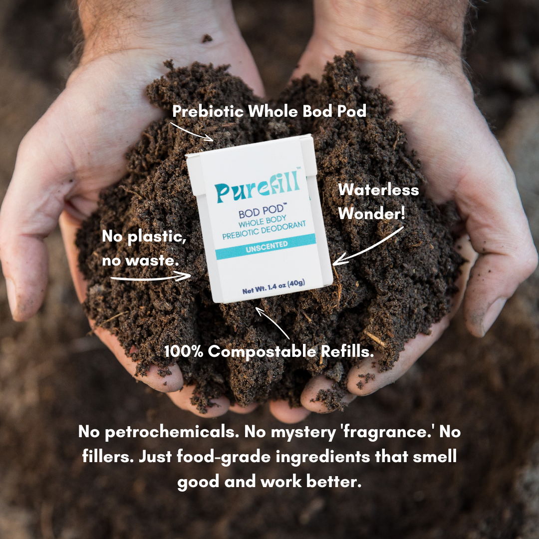 Bod pod in the palms of dirt, with white arrows showing the benefits to our bod packing, they are compostable, no plastic, no waste, waterless wonders, prebiotic whole body deodorant , with no Petro chemicals, no mystery fragrances. Just food grade ingredients that smell good and work better for you and the planet.