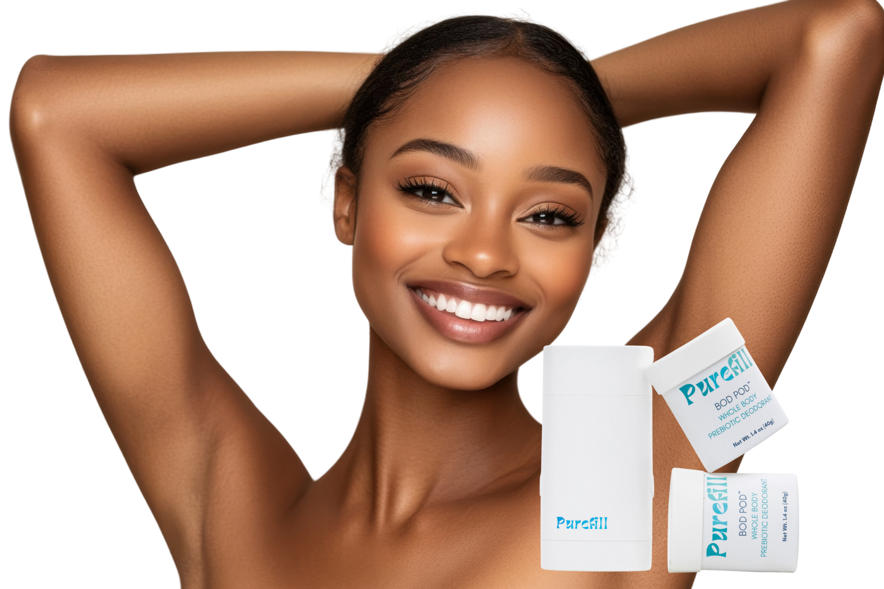 Beautiful Model bare skinned with her arms over her head. To the right is a Purefill Bod Pod Starter Kit with a White Opal Refillable Case.